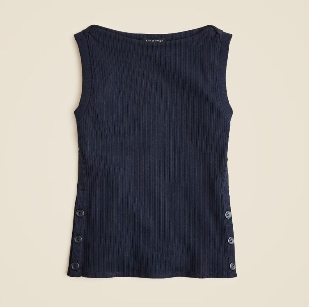 J.Crew Premium Rib Side-Button Top WMNS M Navy Blue Sleeveless Slim Fit Stretch